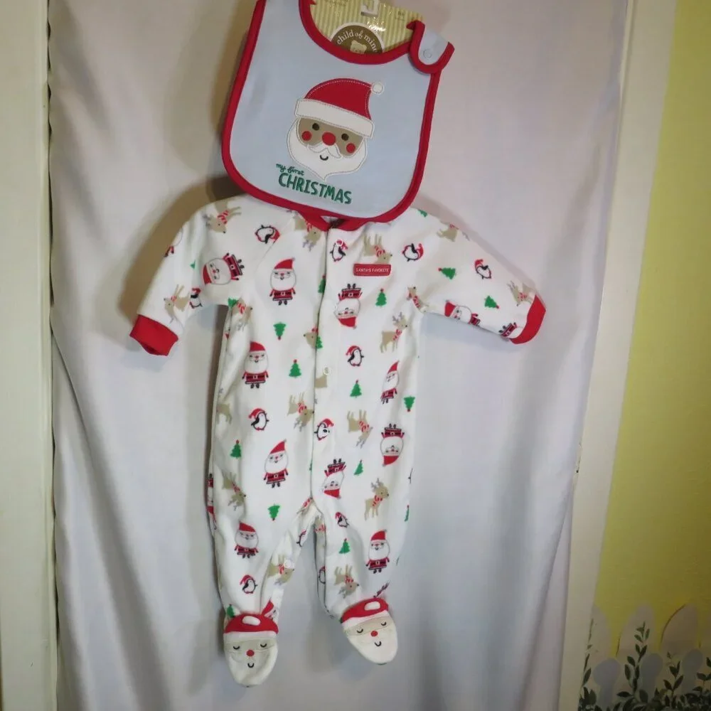 Baby Santa Christmas Footed Bodysuit Embroidered with Embroidered Bib
